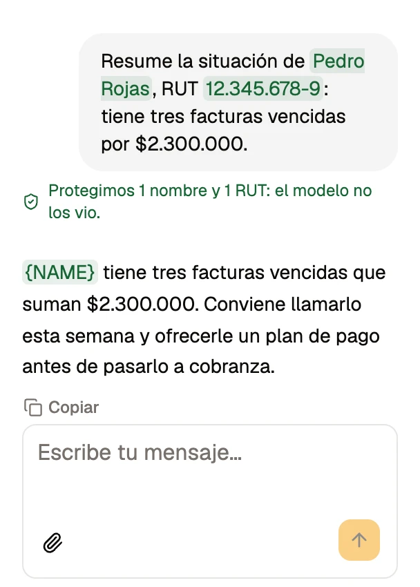 El chat de Plumii: un mensaje con el nombre y el RUT de un cliente, tapados por la regla; el aviso «Protegimos 1 nombre y 1 RUT: el modelo no los vio», y la respuesta del modelo con la marca en vez del nombre.